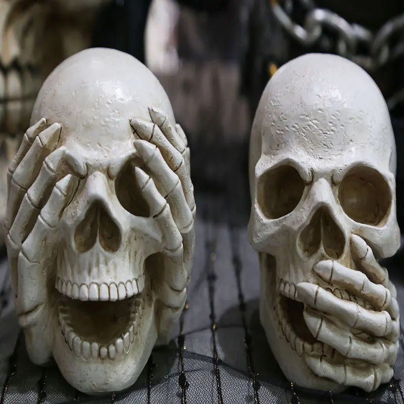 Halloween decoration resin sculpture White No see skull head No say skull head home decoration resin crafts skeleton  figurine