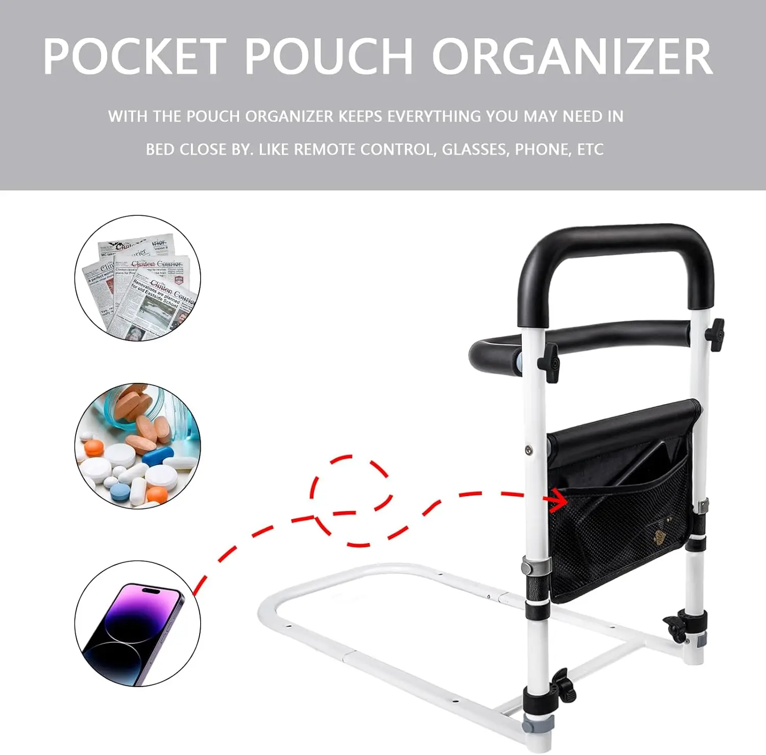 Bed Rail for Elderly Adults Safety Assist Handlebar for Bed with Storage Bag,Bed Assist Grab Bar Handle Helps Getting in and Out