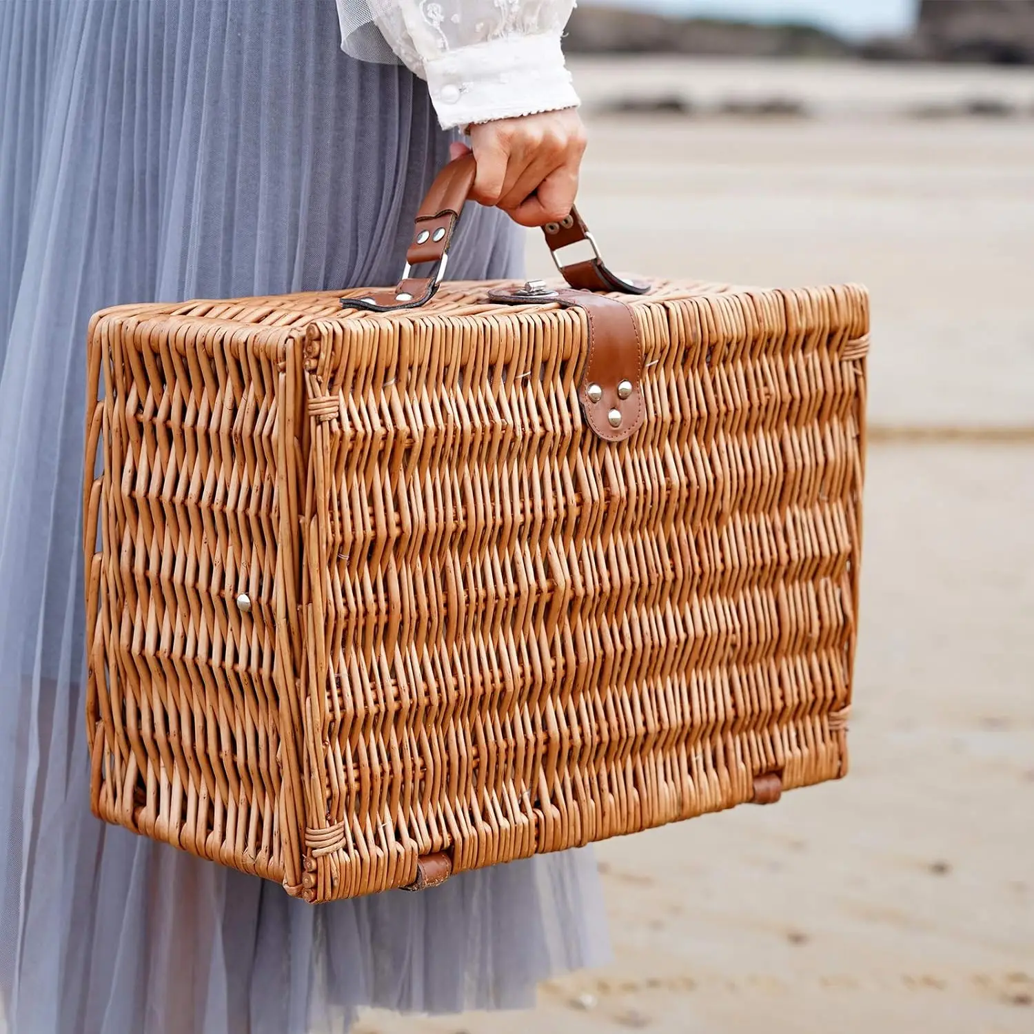 JY Rattan Picnic Basket Set with Insulated Liner and Waterproof Picnic Blanket Wine Pouch Large Wicker Picnic Hamper for Camping