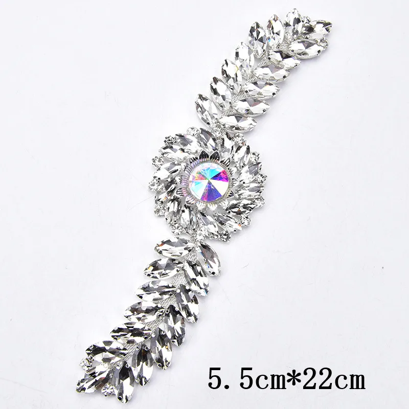Fancy Rhinestone Flower Applique Glass Sew On Marquise Round Stone Strass Crystal Trim Patches for Bridal Sash Decoration