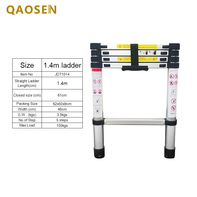 1.4m Single Telescopic Ladder Folding Ladders 150kg Load Capacity