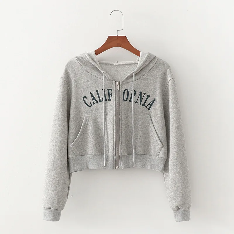 Wholesale printing logo cropped top zip up hoodie woman