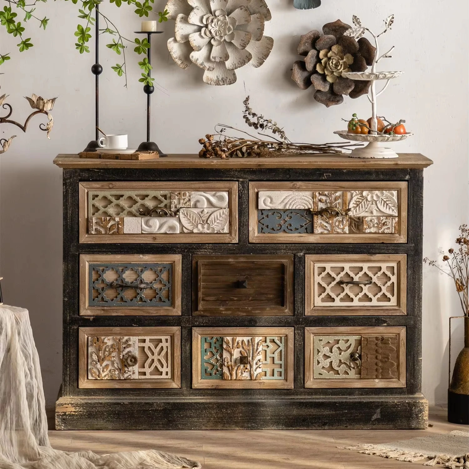 Vintage Living Room Carving Wooden Cabinet with 8 Drawers Kitchen Antique Design Sideboard Storage Cabinet