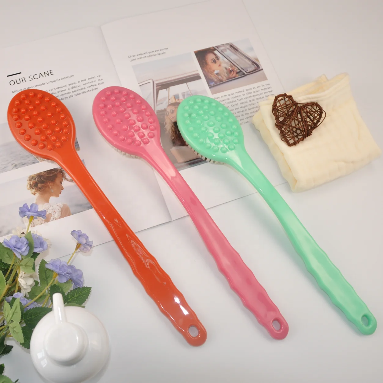 double side bath brush with plastic long Handle  back body scrubber Bath Body Cleaning plastic bath brush