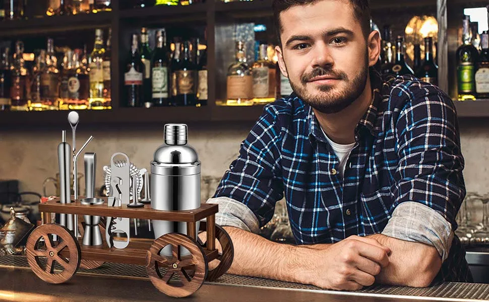 Набор для коктейлей JUNJI Wood Bar набор профессиональной миксологии барный из 11 предметов инструмент деревянная подставка (только