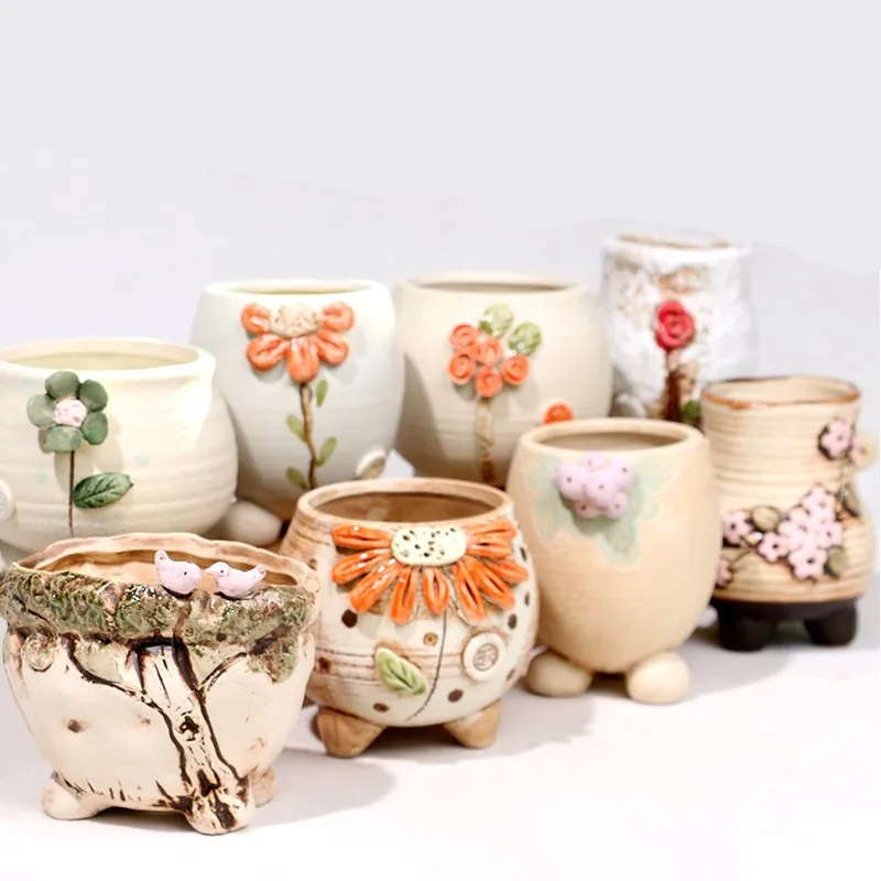 3D Hand-Painted Succulent Flower Cactus Pots Protruding Flower Pattern Planter Container Plant Pot Not Include Plants