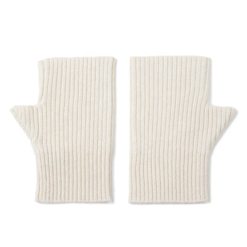 Women Rib Knitted Pure Cashmere Merino Wool Fingerless Thumb Hole Gloves Mittens