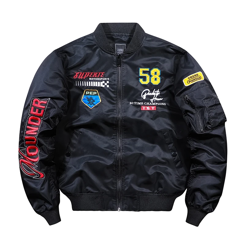 Stock Young Men Varsity Bomber Jacket Flight Aviator Pilot Jacket Quilted Embroidery Patches Outwear Coat for Spring Fall