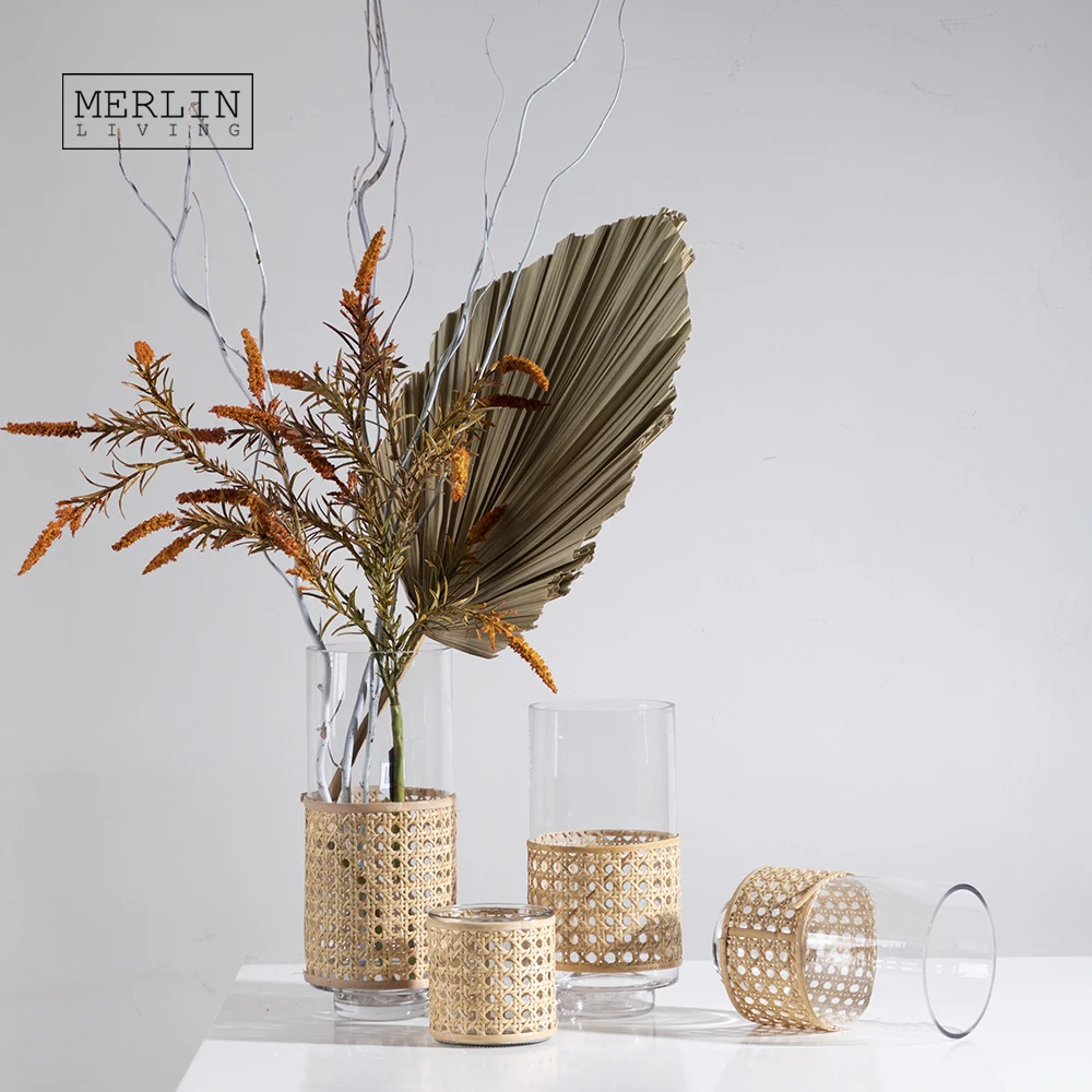 Merlin Living Rattan Glass Vase Decoration Rustic Garden Glass Flower Vase For Cylinder Glass Vase