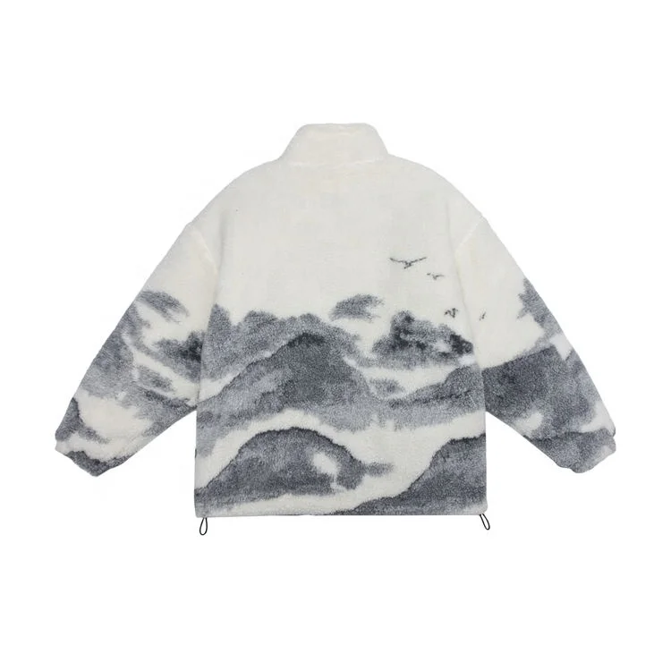 Tie-Dye Sherpa Jacket Mens Streetwear Loose Stand Collar Quilted Jackets Winter Casual Fleece Men