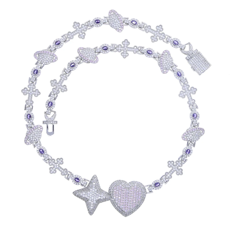 New Arrived Iced Out Bling Men Jewelry Rhodium Plated Cross Star Heart Earth Various Charms Link Chain Hip Hop Necklace