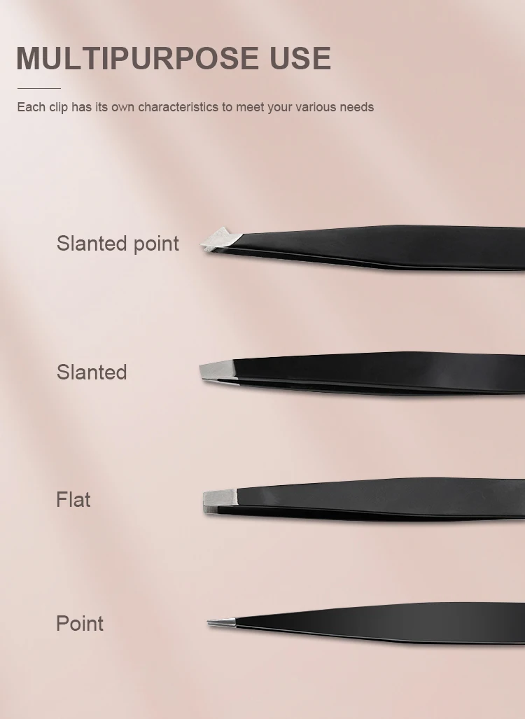 Pink Stainless Steel Professional Precision Multifunction Slanted Pointed 4 Piece Set Of High Quality Eyebrow Tweezers