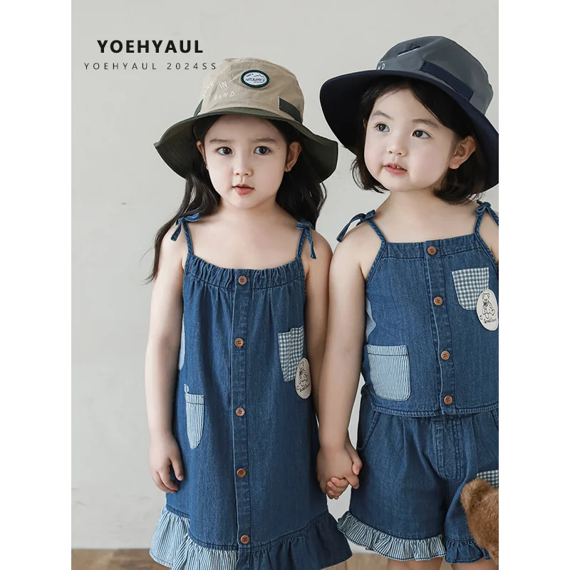 YOEHYAUL X4608 Manufacturer Wholesale Cotton Toddler Shorts Set Outfit Patchwork Dark Blue Baby Girl Summer Dress Denim Toddler