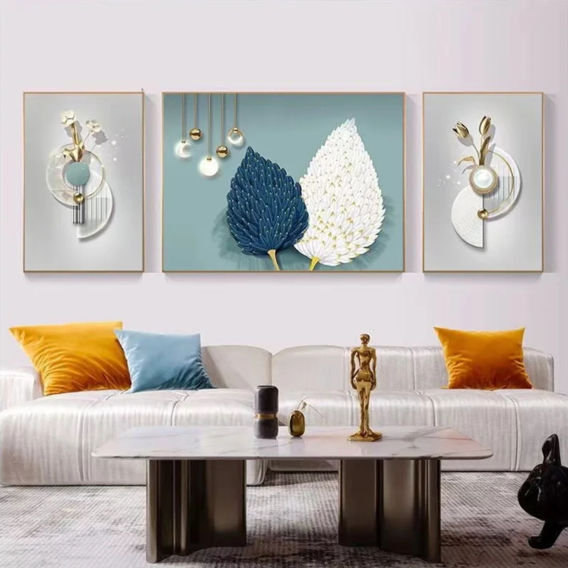 Living Room Decoration Painting Modern Simple Abstract 3pcs Mural Light Luxury Feather Crystal Porcelain Painting