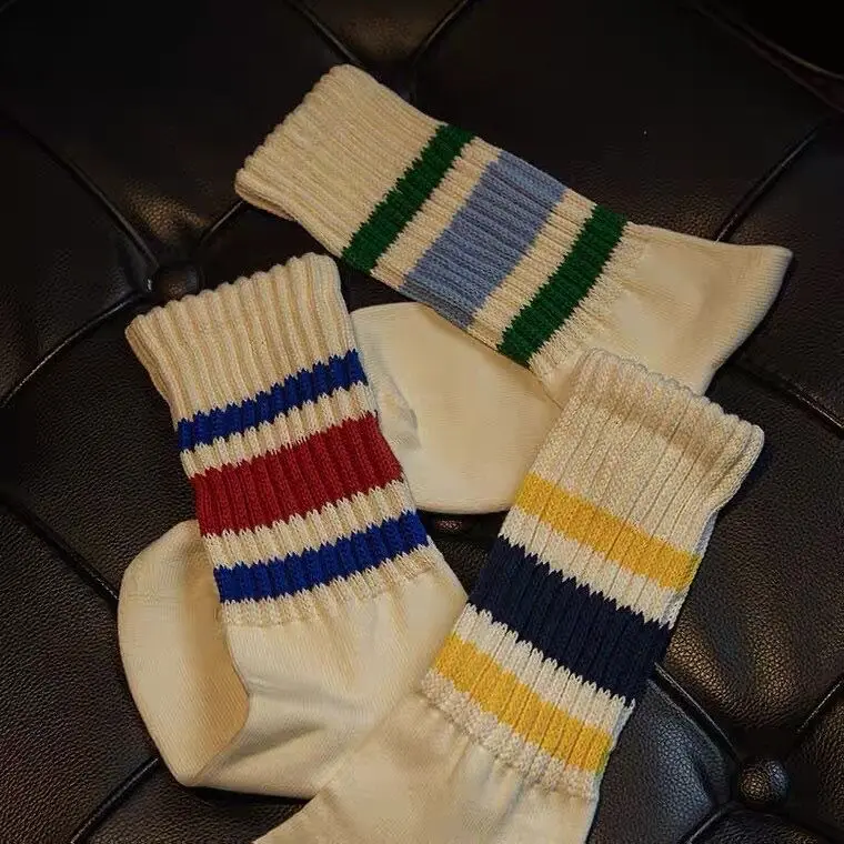 Men Striped Retro Coarse Old School Thermal Vintage Cotton Double Needle Streetwear Crew Sport Socks