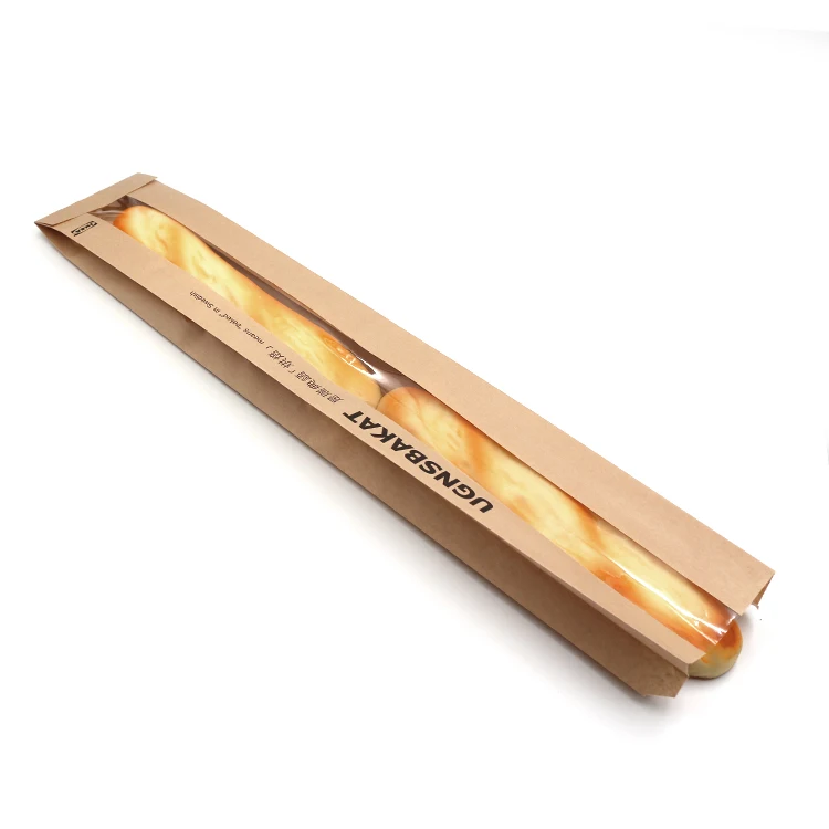 custom eco-friendly recycled retail bakery packaging french baguette kraft paper bread bag with window