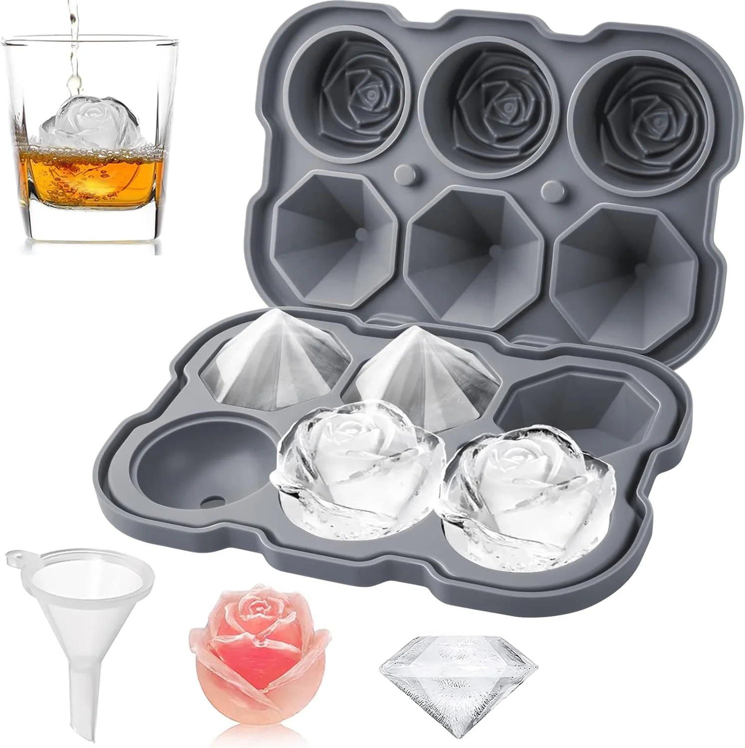 Silicone Ice Mold Fun Shapes With Clear Funnel-type Lid 3 Diamond 3 Rose Ice Balls for Chilling Whiskey Cocktails Drinks