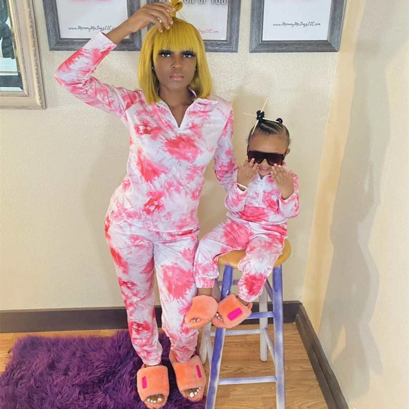 2021 Fall mommy and me outfits Tie dye hoody 2pcs long sleeve pants sets family matching Fall set women hoodies two piece sets