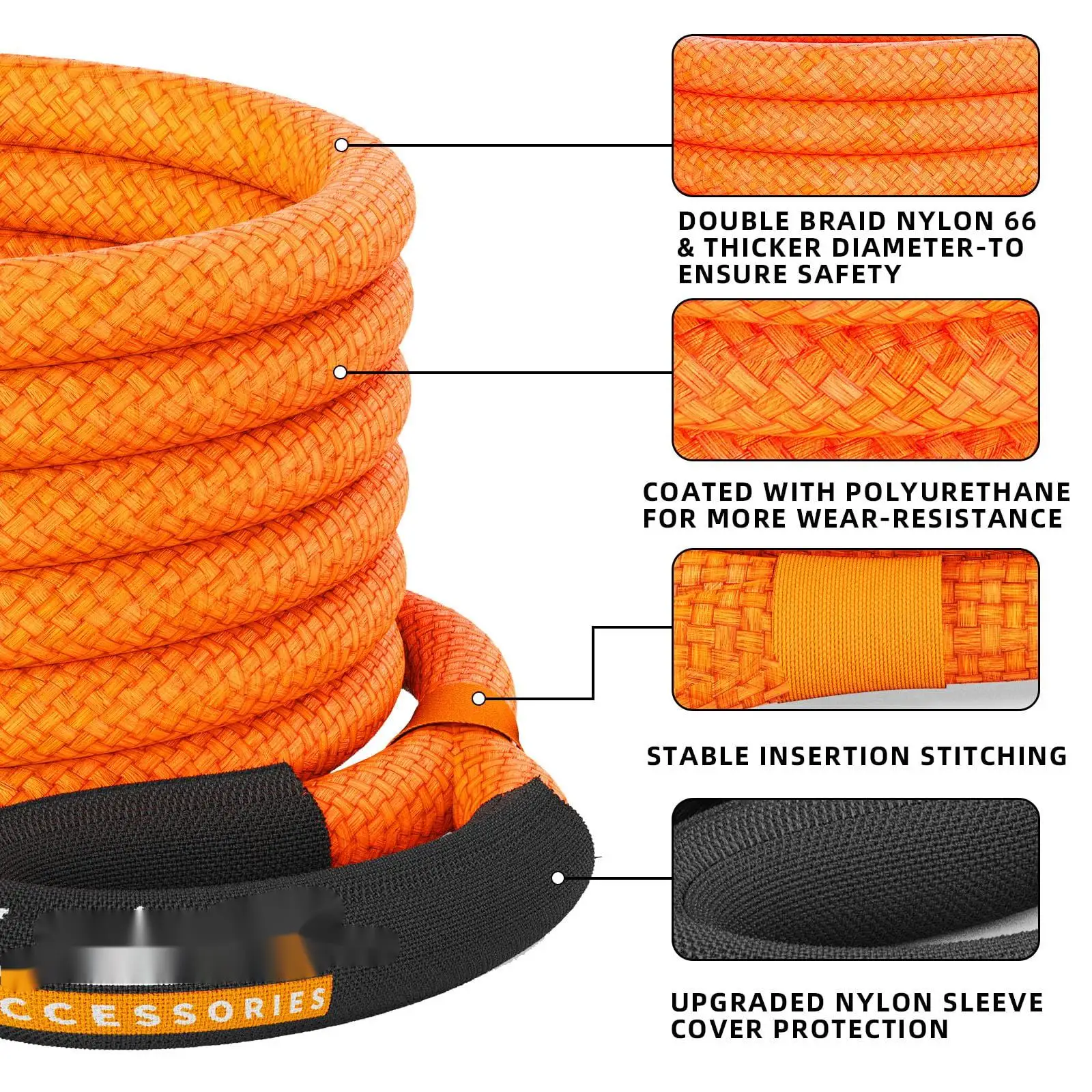 Kinetic Recovery Rope, 48000 Lbs (1in x 30ft Orange) Extreme Duty 30% Elasticity Energy Snatch Strap for 4x4 Offroad Vehicle