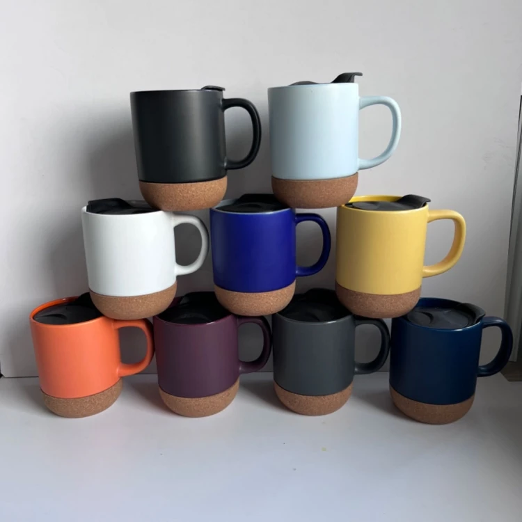 Best selling products matte black 12oz coffee cork ceramic mugs with cork bottom