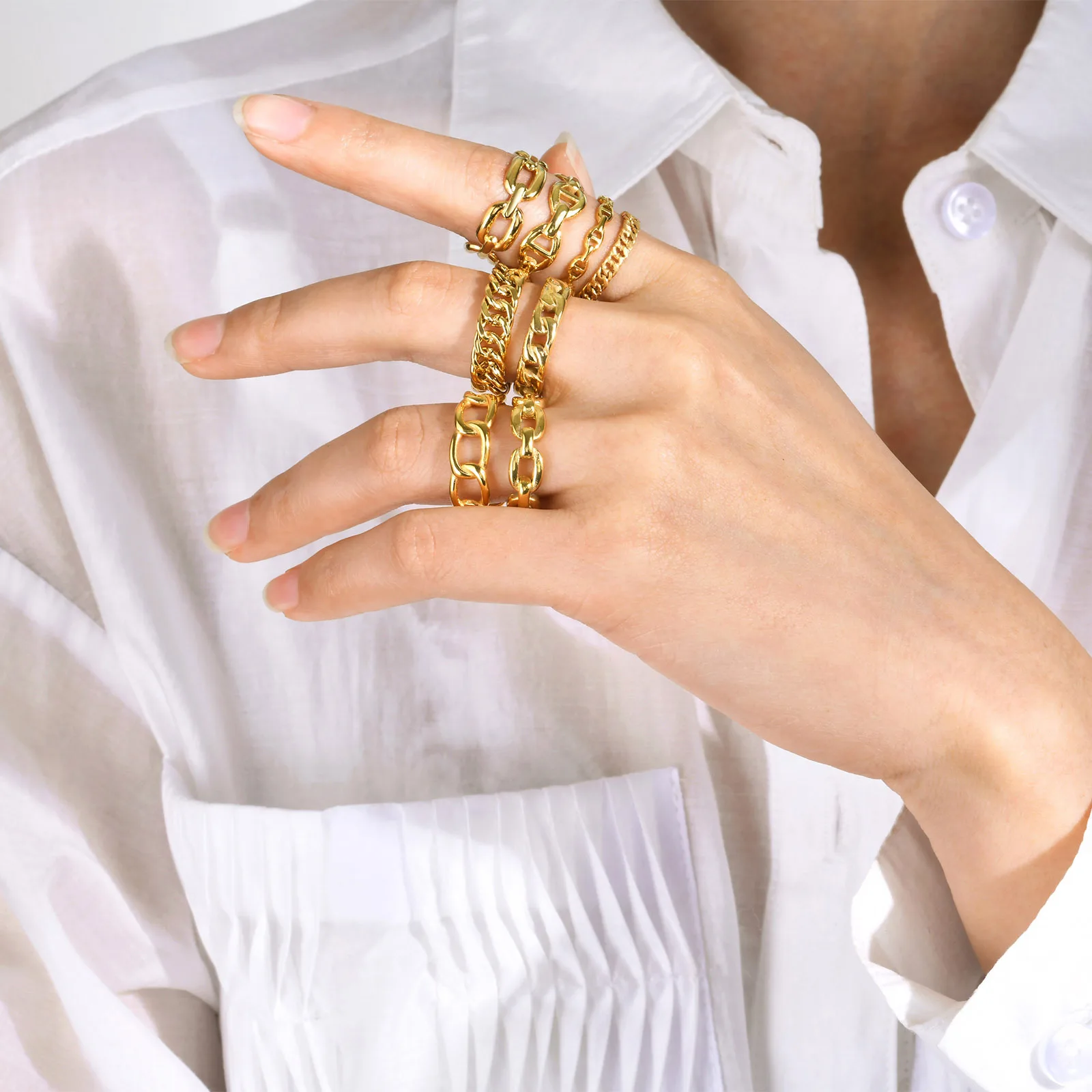 New arrival 18k Gold Plated Stainless Steel Statement Chain Ring Open Ring Adjustable Skeleton Finger Rings for women