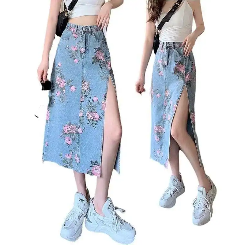 Summer 2023 casual fashion rose flowers print long maxi skirts split denim skirt