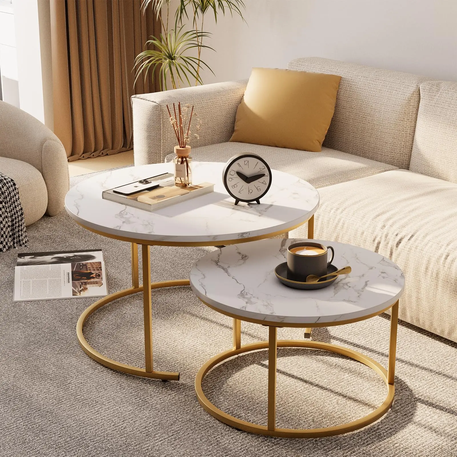 Coffee Table Nesting Set Of 2 Round End Accent Side Stacking Tables With Sturdy Metal Frame, Modern Oak Living Room Table