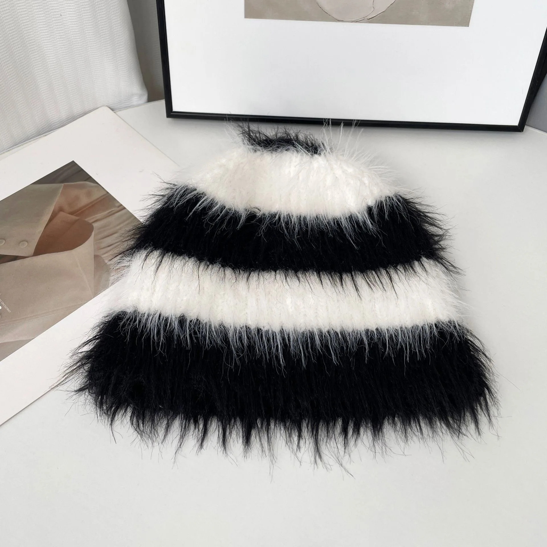 2024 New Winter Hats For Women Mink Hair Thick Striped Hat Warm In Winter