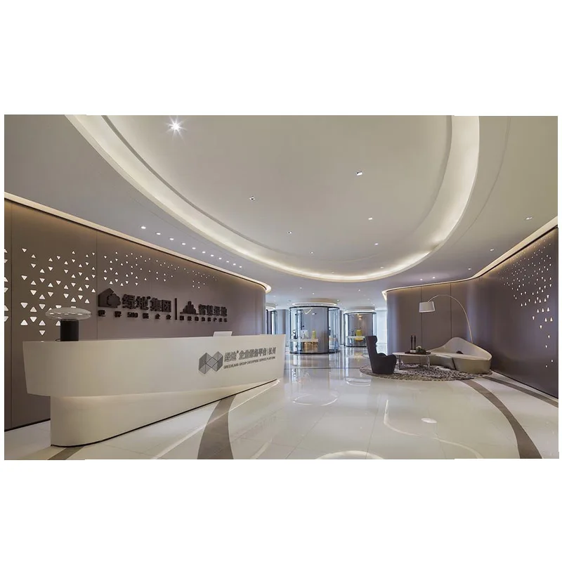 Curved streamlined office front desk display cabinet design, customized reception display rack, wooden island cabinet