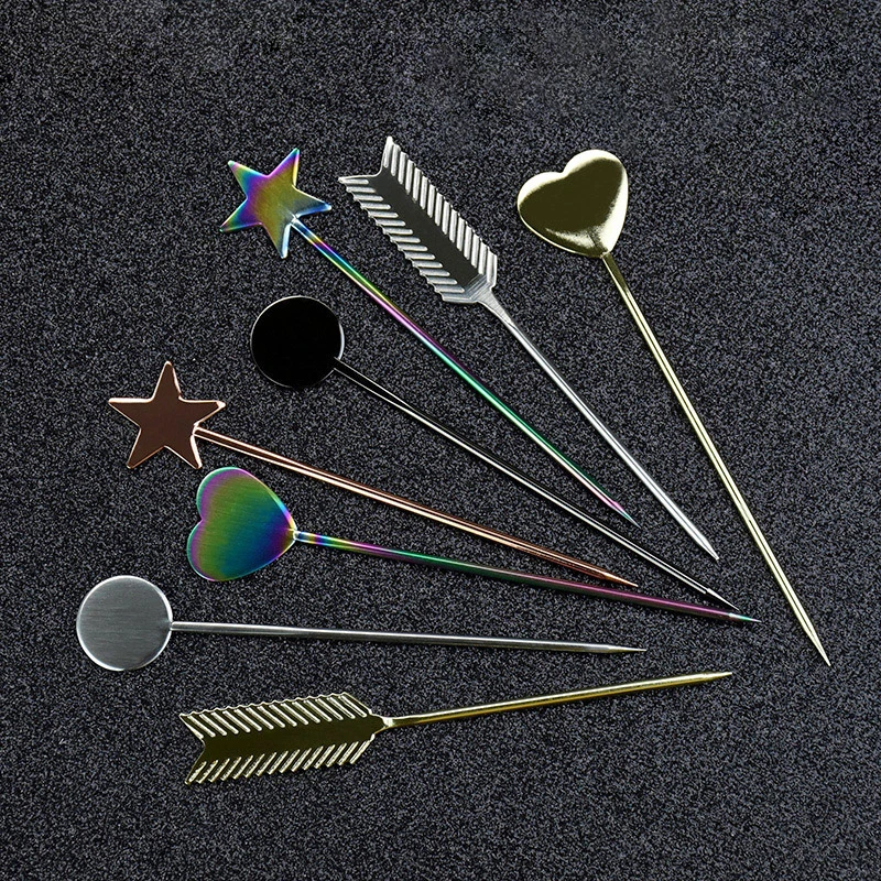 Custom Bar Tools Carving Garnish Decorative Food Drink Coffee Silver Fruit Toothpicks Stainless Steel Cocktail Stir Sticks Pick