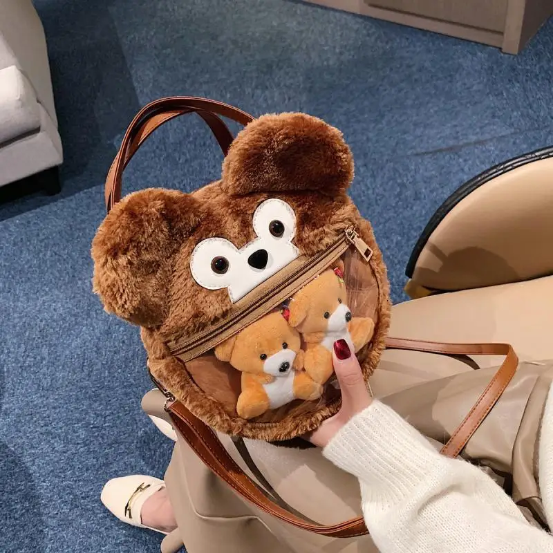 Wholesale Small Round Faux Fur Bag Plush Bear Clear PVC Transparent Window Cute Crossbody Ita Bag Custom