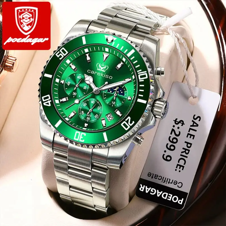 POEDAGAR Band Power Reserve Chronograph Relojes Watch Quartz Stainless Steel Luxury Wristwatch Fashion Business Men Alloy Watch