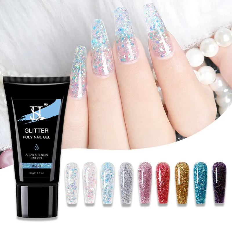 HS Private Label 30ml 9 Colors Nail Extension Glitter Poly Nail Gel Professional Oem Sequin Poly Acrylic Gel