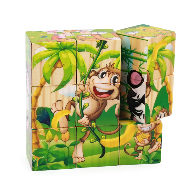 Children 9 pieces 6 sides 3D wooden puzzle cube farm animal traffic wooden puzzles toy baby educational toy