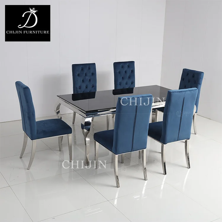 Modern Light Luxury Kitchen Table Set 6 Chairs Stainless Steel Base Glass Wooden Dining Furniture Restaurant Wedding Living Room