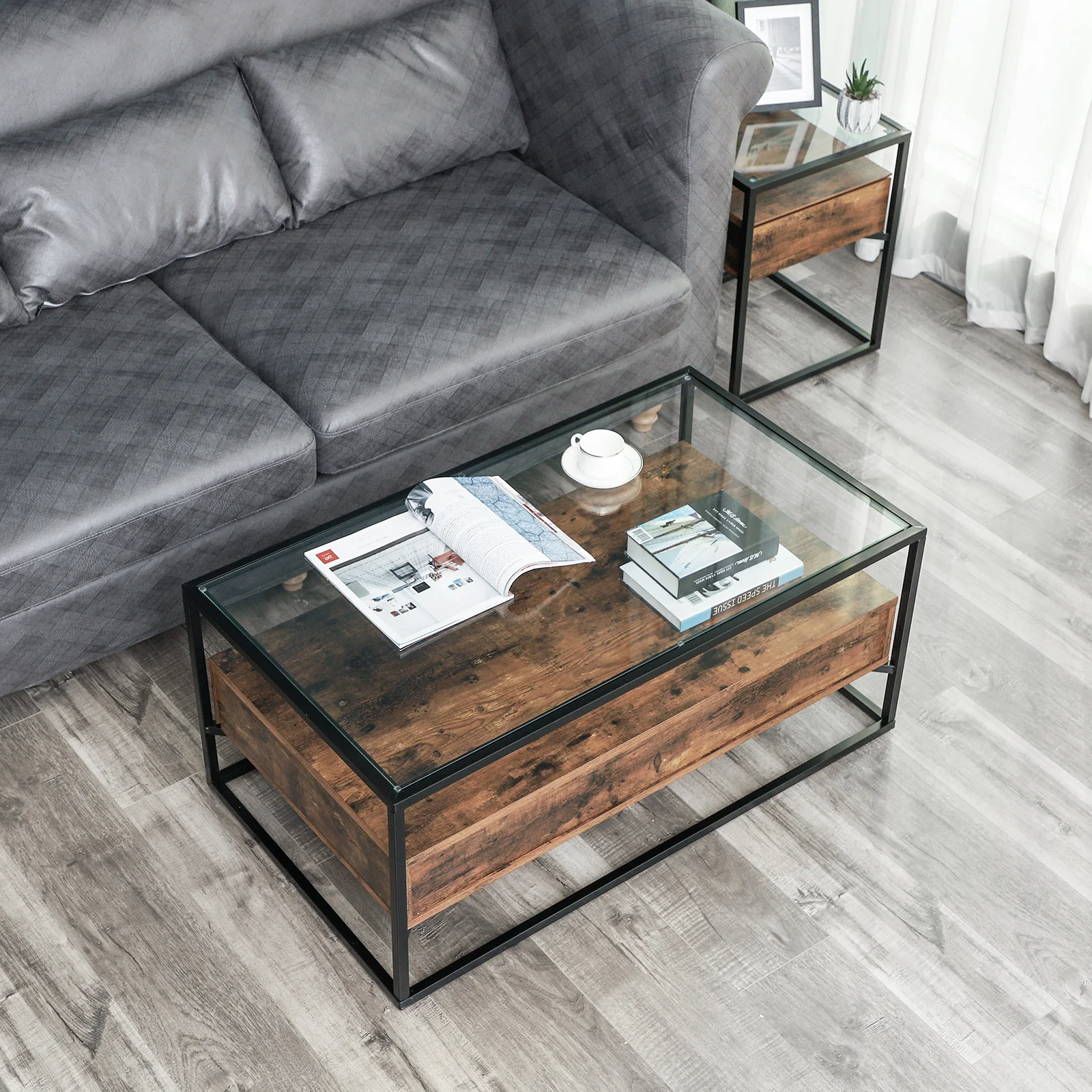 simple uk style modern living room square clear mesa de centro en cristal templado wooden top black tea table