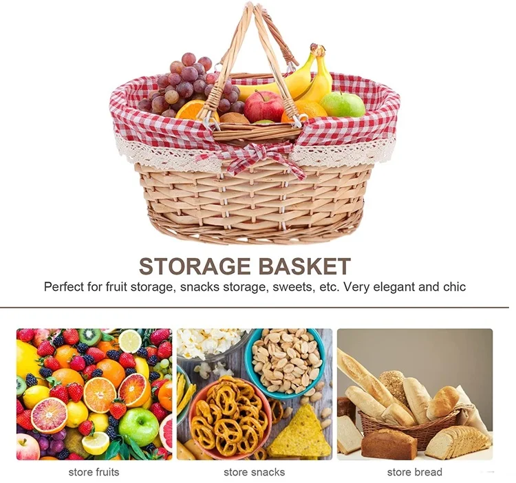 Large decorative natural empty oval wicker picnic basket with handle