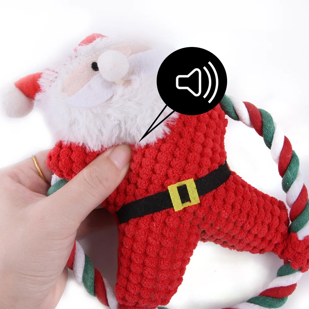 Christmas Santa Claus Plush Pet Dog Durable Toy Soft Stuffed Squeaky Cotton Rope Interactive Chew Toy