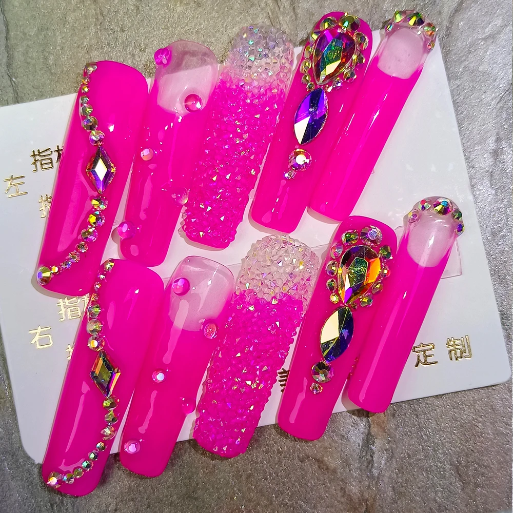 Bling Rhinestone Handmade False Custom Logo Red Acrylic Press On Nails Medium Length