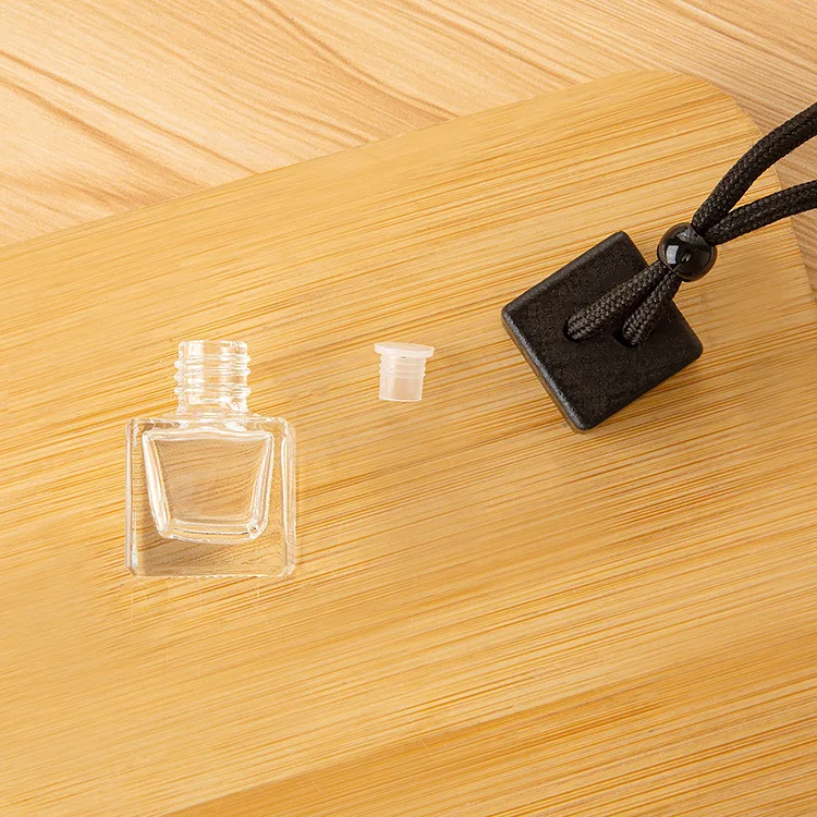 8ml Mini Empty Clear Black Square Car Perfume Glass Bottle With Wood Hanging Cap for Diffuser String