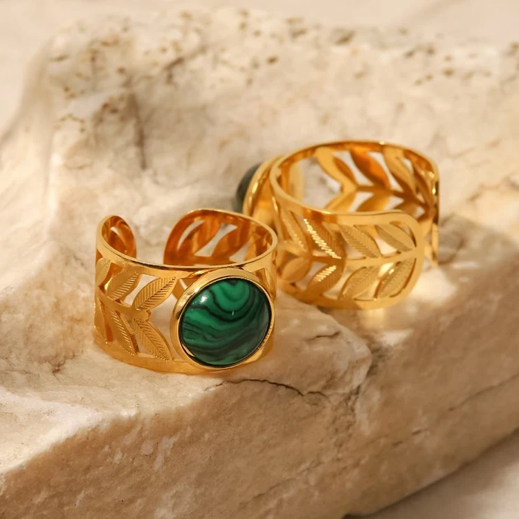 18k Gold Plated Snake Green Stone Cross Emerald Open Ring Stainless Steel Adjustable Rings