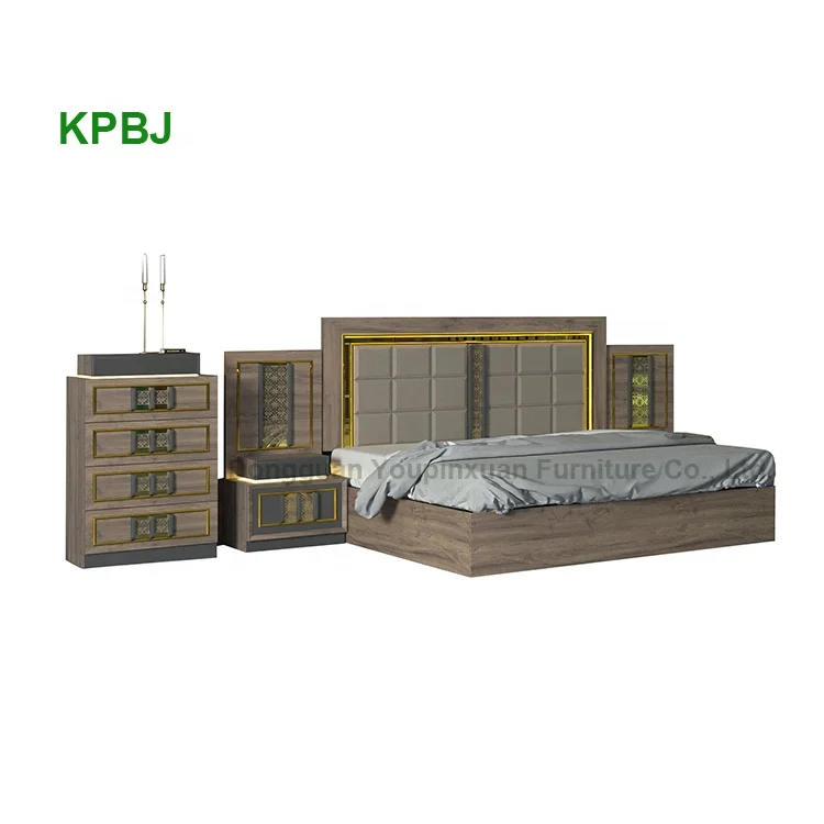 
Turkish Style 6 Pieces King Size Golden Bedroom Suites Luxury Bedroom Furniture Set 