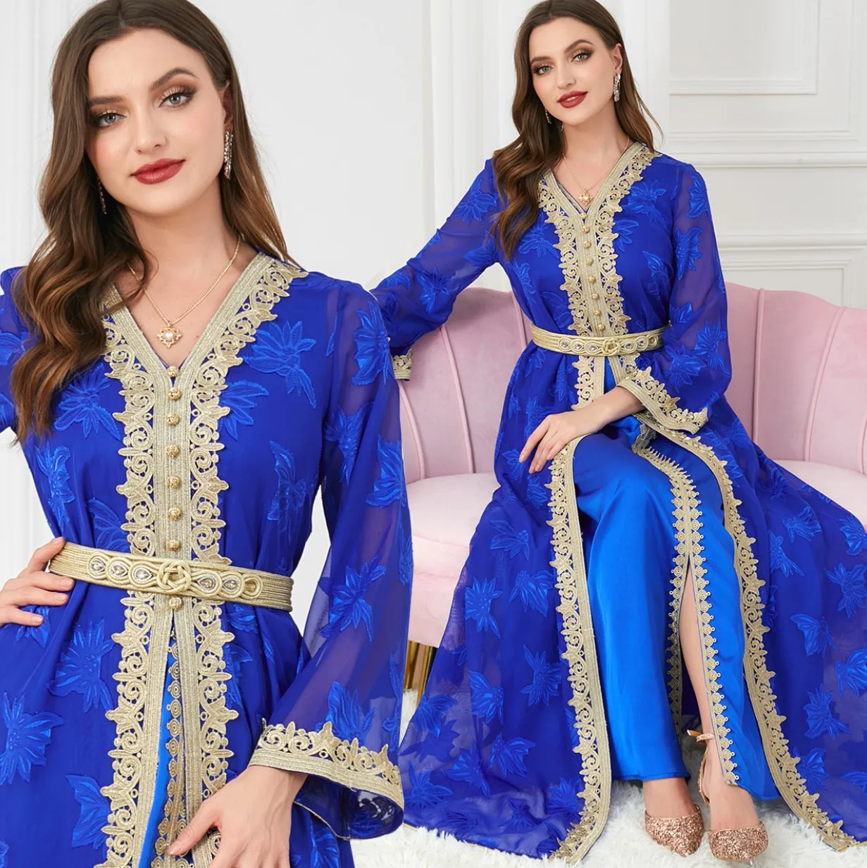 Dubai Luxury Abaya Eid Muslim Wome Gold Embroidery Modern Abaya Kimono Designs V-Neck 2 Pieces Set Elegant Maxi Dress