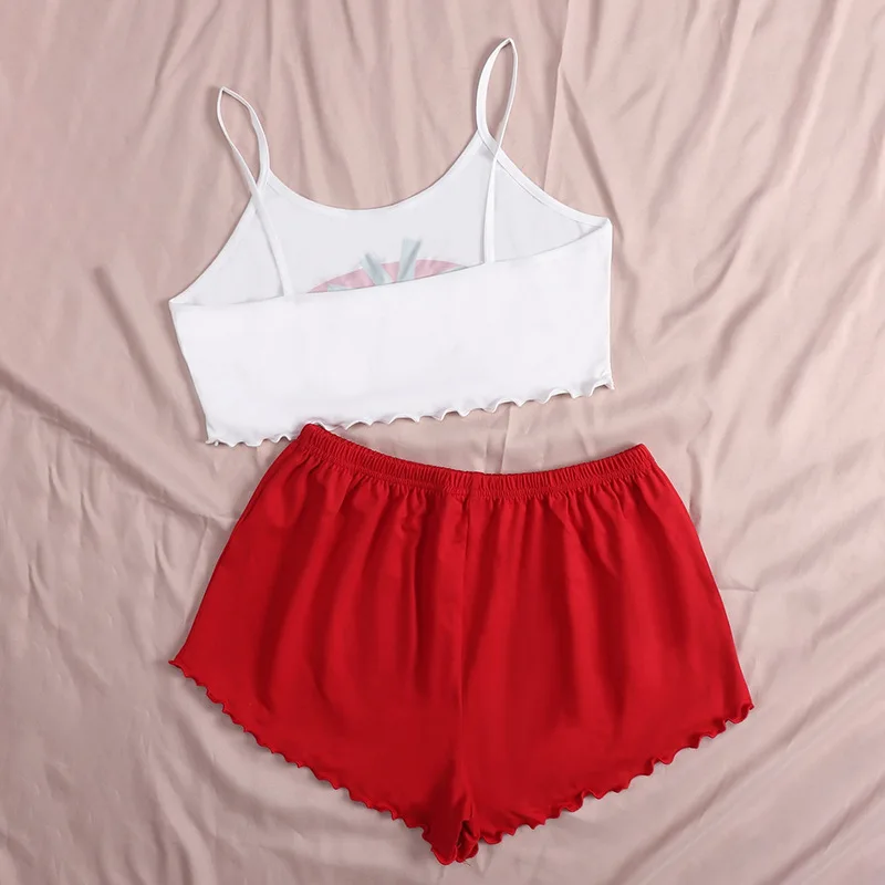 Wholesale Red Cute Tomato Print Milk Silk Sling Shorts Homewear Pajama Set