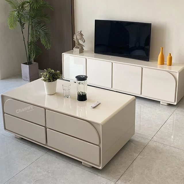 C71 Modern simple cream style household living room solid wood storage TV cabinet tea table combination