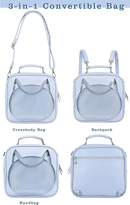 Cute Cat Ita Bag for Anime Cosplay Pin Display Bag Convertible Crossbody Satchel Handbag Backpack with Insert