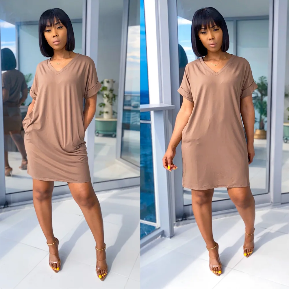 Custom LOGO V Neck Lady Dress 2023 Summer Women Clothing Dress Candy Color Short Sleeve T Shirt Casual Dresses