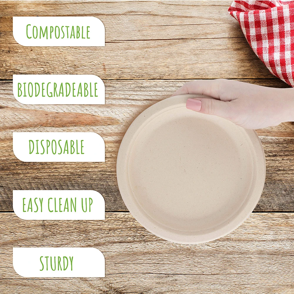 100% Sugarcane Bagasse Fiber Compostable Disposable Round Pizza Natural Green Eco Paper Plates