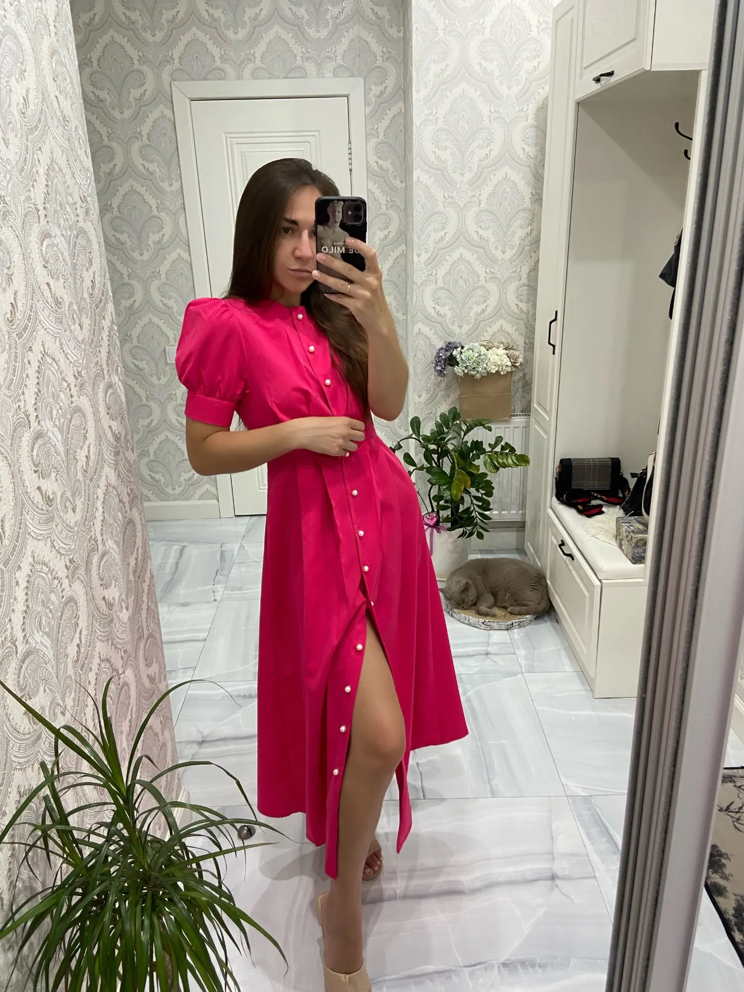 Однотонное платье-трапеция OOTN для работы женское однобортное длинное платье офисные платья с рукавами-фонариками Элегантное летнее платье-рубашка 2022