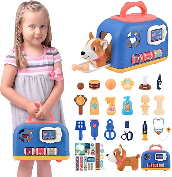 Pet Care Cage Play Set  20 PCS Vet Clinic and Doctor Kit for Kids Doctor Medical Pretend Role Play Dog Grooming Toys